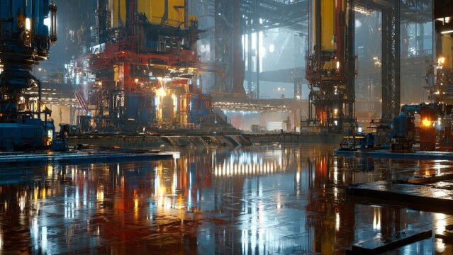 Industrial Sci-Fi Port: Massive Structure Reflection in Foggy Waterway