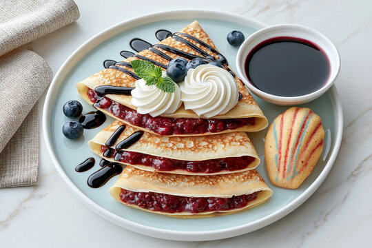 Berry Crepe Dessert with Whipped Cream and Blueberry Sauce