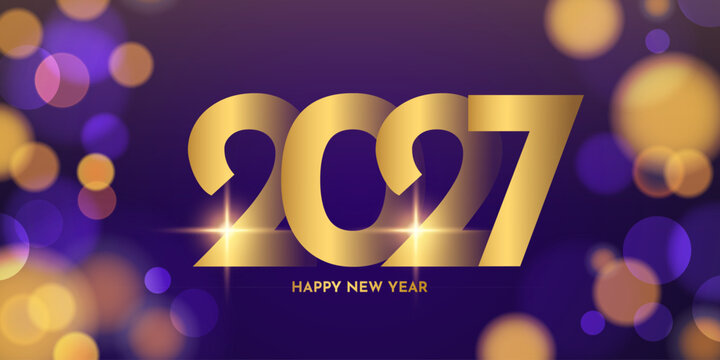 2027 Happy New Year Banner. Gold colored numbers. New Year 2027 bright holiday background. Bokeh lights. Vector illustration.