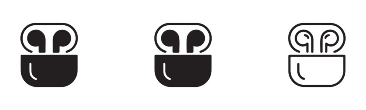 Modern wireless earphone icons with charging case base in various graphic styles for mobile app design.
