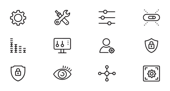 Interface adjustment line icons set for system management software security and data configuration.