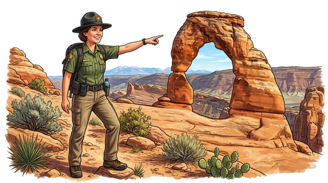 Park ranger pointing at natural rock arch formation in desert landscape illustration isolated on white background
