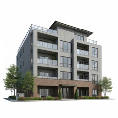 Fototapeta premium A modern four story multi family residential building featuring grey concrete and brick facade elements