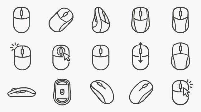 Minimalist Black and White Line Drawing Icons of Computer Mouse Actions and Types for UI UX Design