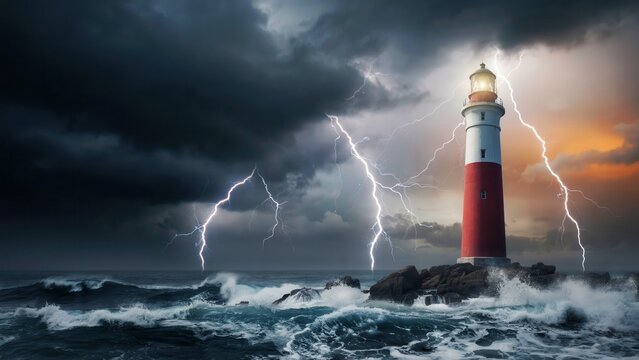 Red and White Lighthouse During a Dramatic Lightning Storm at Sea