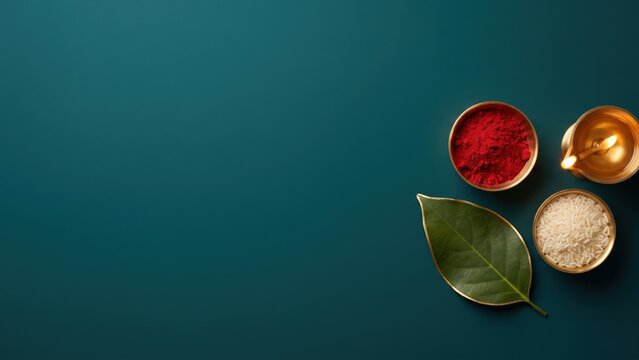 Brass Diya and Kumkum on Deep Teal &ndash; Modern Hindu Festival Branding Background
