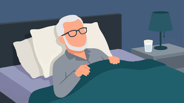 Elderly man lying awake in bed at night, possibly due to insomnia
