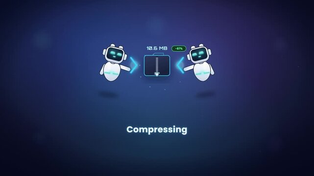 Two AI robot assistants compressing digital file together to reduce data size and optimize storage
