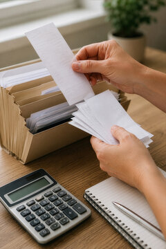 Person's hands sorting paper receipts into a file organizer next to a calculator and notebook, managing expenses