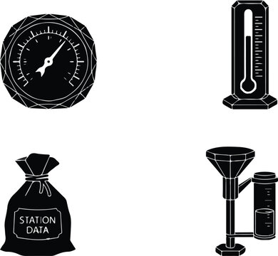 Weather station equipment silhouettes set, meteorological measurement devices including barometer, thermometer, and rain gauge vector icons.