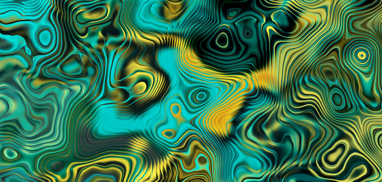 Psychedelic liquid marble texture in turquoise and gold, abstract wavy fluid background, trippy topographic pattern for modern design