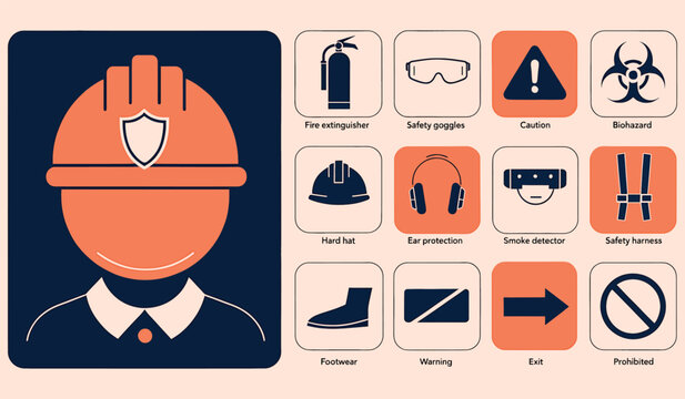 Occupational health and safety icon set featuring essential workplace protection symbols like fire extinguisher goggles hard hat and biohazard warning for industrial compliance