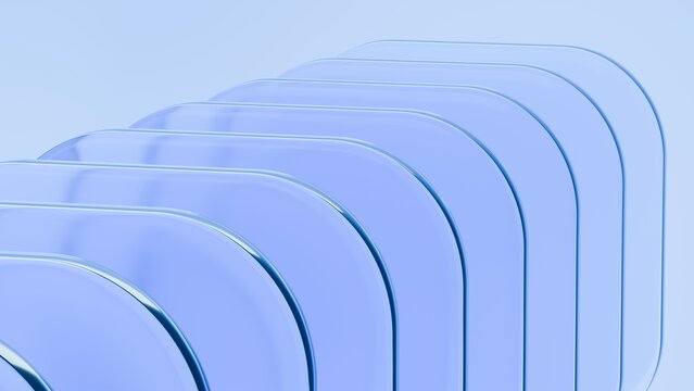 Abstract blue glass squares with rounded corners. Neon light. Modern wallpaper 3D Illustration