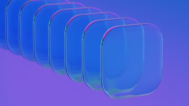 Abstract blue glass squares with rounded corners. Neon light. Modern wallpaper 3D Illustration