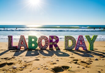 Labor day text sign on sandy beach with ocean background
