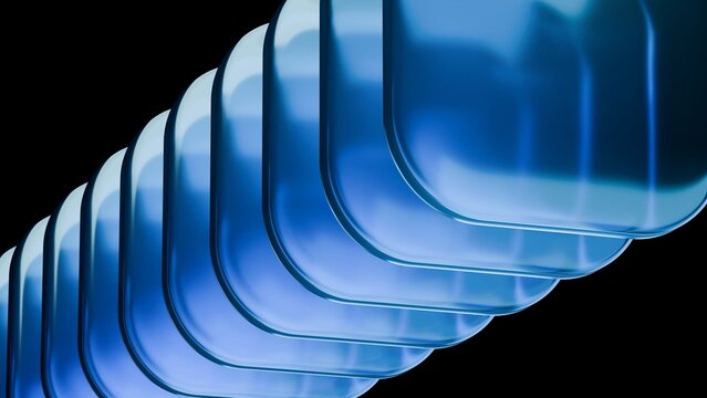 Abstract blue glass squares with rounded corners. Neon light. Modern wallpaper 3D Illustration