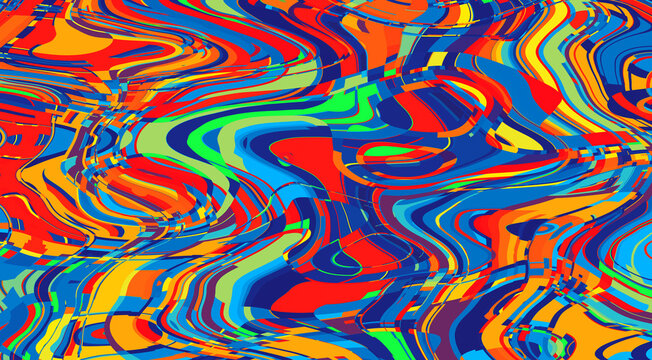 Psychedelic liquid marble texture with vibrant primary colors, abstract wavy fluid pattern background, retro trippy swirl design for modern graphic art