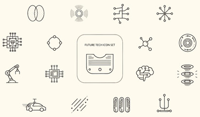 Fototapeta premium Minimalist future tech icon set featuring thin line illustrations of artificial intelligence circuits and advanced robotic concepts for modern digital design projects