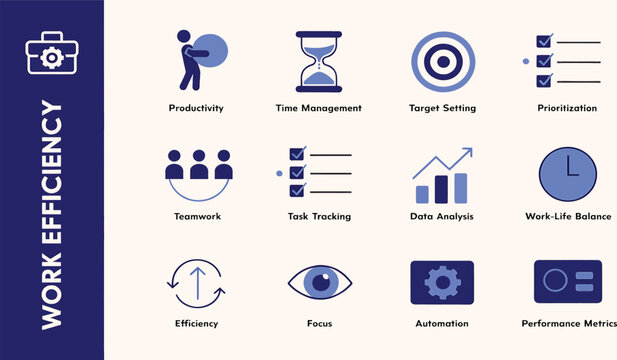 Work efficiency and productivity icon set featuring time management task tracking teamwork data analysis and goal setting symbols for business process optimization and planning