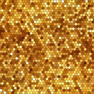 Gold hexagon mosaic pattern, metallic honeycomb texture background, glittering golden geometric grid for luxury design