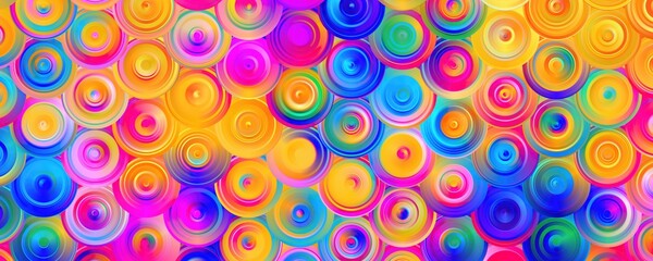Fototapeta premium Vibrant rainbow circle pattern illustration, colorful psychedelic swirl background, abstract geometric round shapes with neon gradient textures