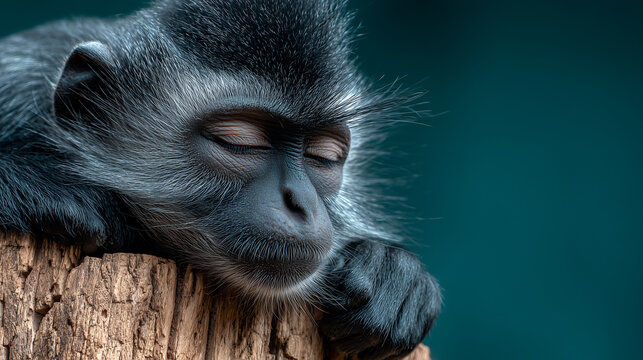 Francois Langur Monkey Sleeping Peacefully on Wooden Log; Black Leaf Primate Resting with Eyes Closed on Tree Trunk against Soft Green Background. The shot features a Fran&Atilde;&sect;ois' lan