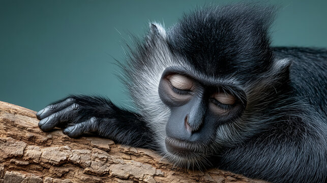 Francois langur, Fran&ccedil;ois langur monkey, langur monkey, primate, endangered species, wildlife, animal, sleeping monkey, resting animal, peaceful sleep, wooden log, tree log, forest, zoo animal