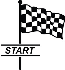 Obraz premium Single waving checkered flag on a flagpole with bold start text graphic design for race track countdown and motorsport starting grid position