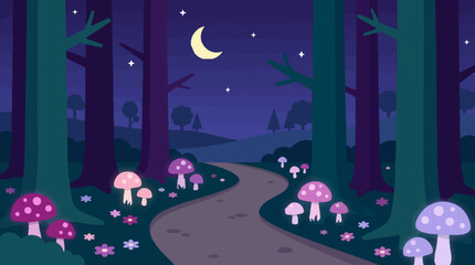 Naklejka premium Magical Night Forest with Glowing Mushrooms, Winding Path, Moon, and Stars