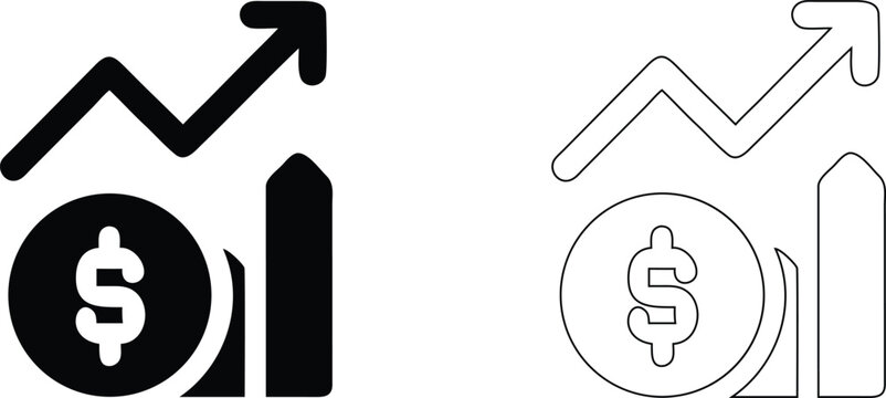Two of a rising financial growth chart with a dollar coin, one solid black and one thin outline, on white background