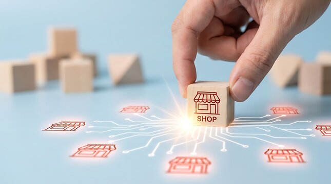 Hand placing wooden cube with shop icon into network of stores symbolizing franchise expansion and business growth strategy.