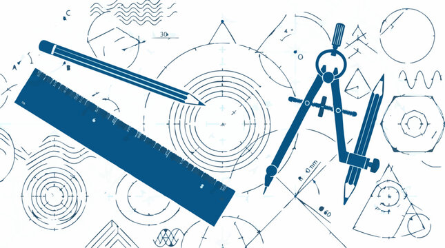 Engineering blueprint background with drafting tools and geometric patterns