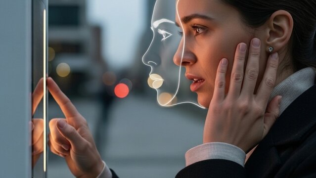 Biometric facial recognition technology scanner with AI hologram interface scanning a worried woman face touching an interactive public terminal screen on the street for identity verification.