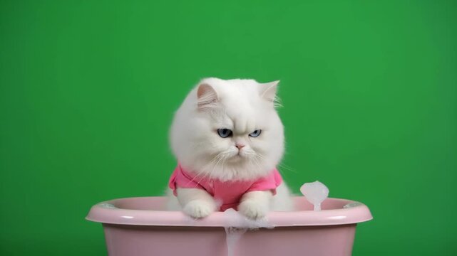 Fluffy Persian cat in pink sweater sitting in a pink bowl with green screen background during playful expression