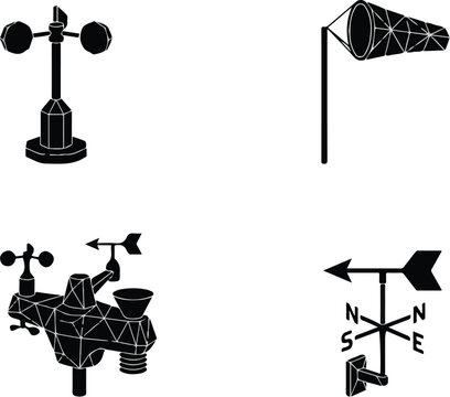Wind measurement equipment silhouettes set, meteorological weather tools including anemometer, windsock, and weather vane vector icons.