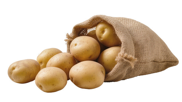 Burlap sack spilling fresh raw potatoes