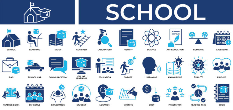 School icon set collection. Containing graduation, teaching, wisdom, guidance, think, coaching, lab .Solid vector icons collection