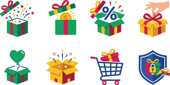 Gift box and shopping reward icons collection with discount, cashback and surprise package symbols, colorful e commerce vector set isolated on white background