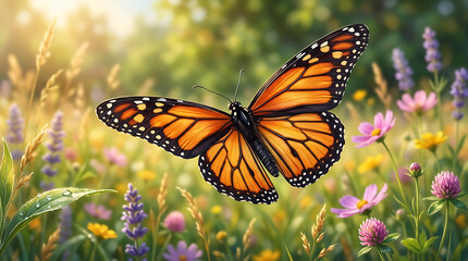 Obraz premium Monarch Butterfly in Flight Over Colorful Wildflowers in Bright Sunlight