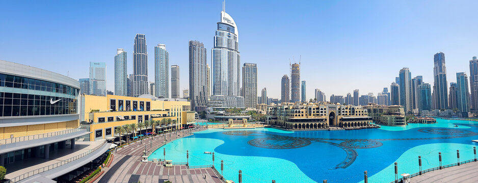 UAE, DUBAI, MAY 4, 2026: Panoramic aerial view of Emaar Tower and other tallest skyscrapers near the largest fountain in Dubai, UAE