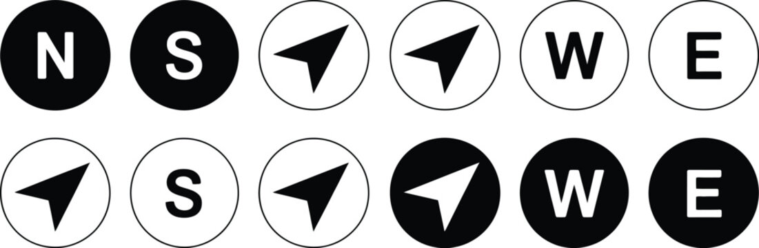 Compass Icon Set with Navigation Equipment Sign, Wind Rose Symbol, and Direction Indicators Vector Illustration