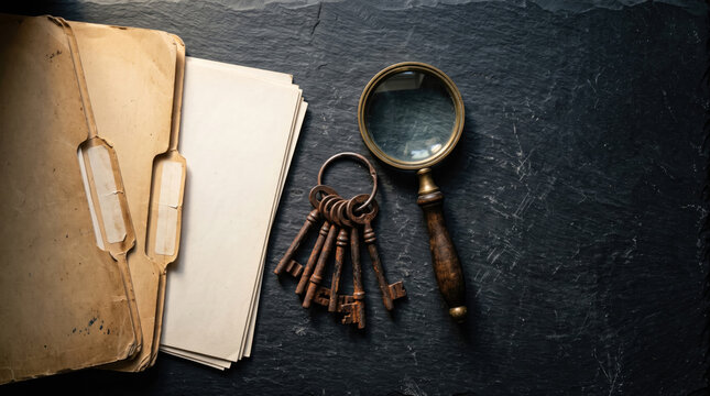Top down view of empty manila folders with old keys and magnifying glass