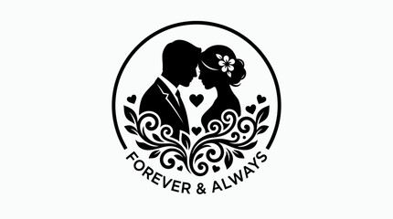 Naklejka premium Elegant Silhouette of a Wedding Couple Embracing with Floral Accents and Text.