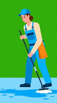 Cartoon female cleaner mopping floor on green background