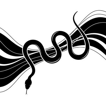 Black Silhouette of Serpent Draped Across Large Sweeping Dark Tree Branches, Atmospheric Gothic Nature Illustration, Dark Art Snake Tattoo Vector Design