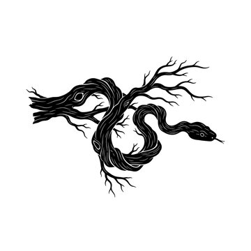 Black Silhouette of Ominous Serpent Hanging from Dark Twisted Tree Branches, Dramatic Gothic Horror Scene, Dark Fantasy Snake Vector Illustration Art