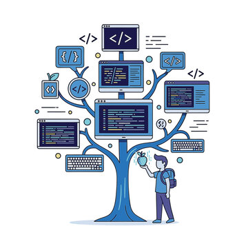 Modern flat illustration of a blue tree with software code windows, programming tags, keyboards, and a developer holding a digital apple on a white background.