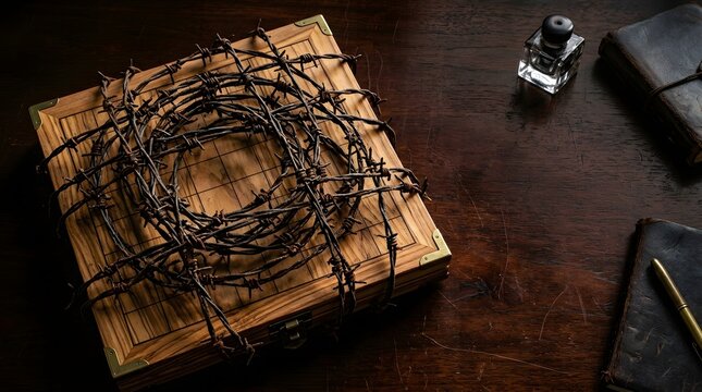 Wooden strategy board wrapped in rusty barbed wire representing hostile corporate negotiations trapped legal contracts and dangerous business disputes
