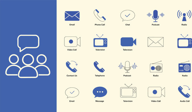Communication and telecommunication icon set featuring video call and radio broadcasting symbols for digital connectivity and modern business interaction platforms