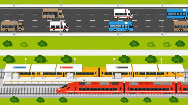 Colorful illustration of trains and vehicles on a road and railway.